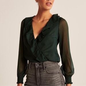 Abercrombie & Fitch Green Black Polka Dot Chiffon Ruffled Bodysuit Size Large